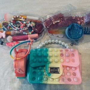 3 Colorful girls bags with makeup & accessories